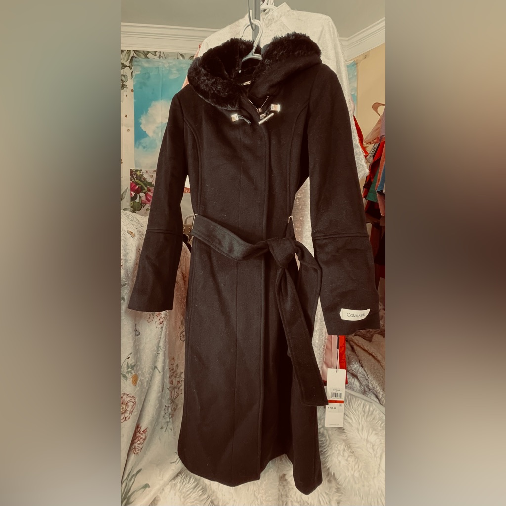 New Calvin Klein Women’s Fur Hooded Belted Coat Jacket Xs 2 0 Black Birthday